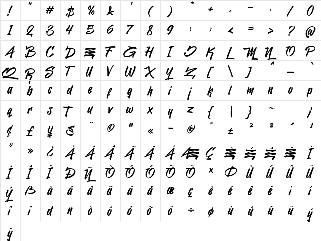 Jacksilver Regular  glyph index