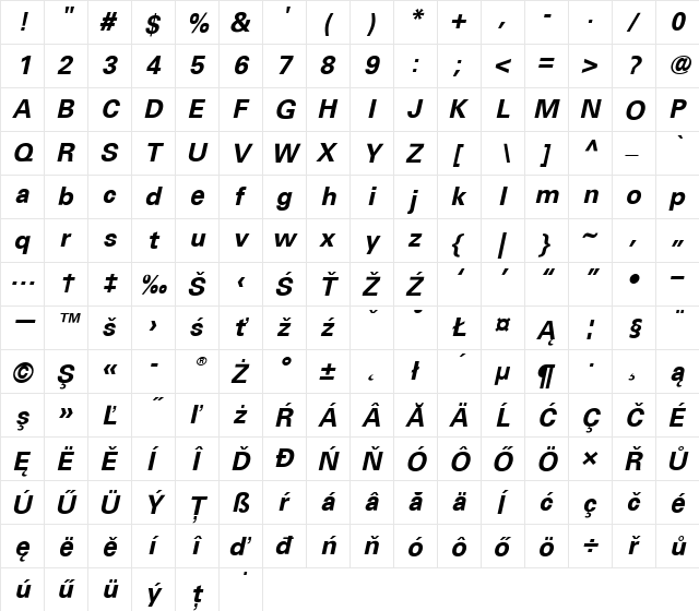 Univers CE 45 Light Bold Italic  glyph index