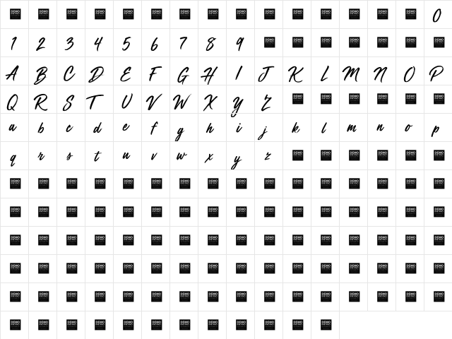 Mega Fresh - Demo Regular  glyph index