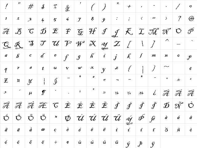 Blackadder ITC Regular  glyph index