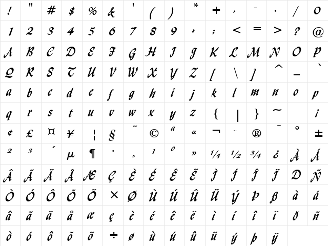 Lynda Script Bold  glyph index