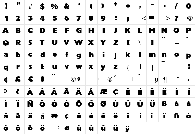 Grandeur Regular  glyph index