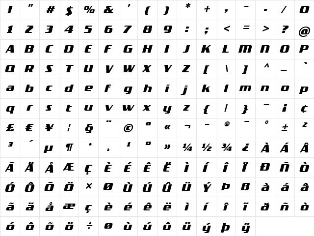 TradeMarker Bold Italic  glyph index
