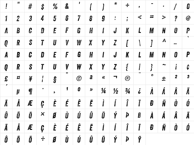 Veneer Two Italic  glyph index