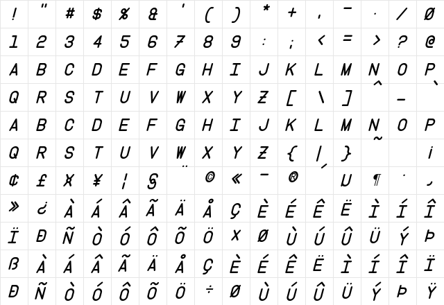 Instruction Italic  glyph index