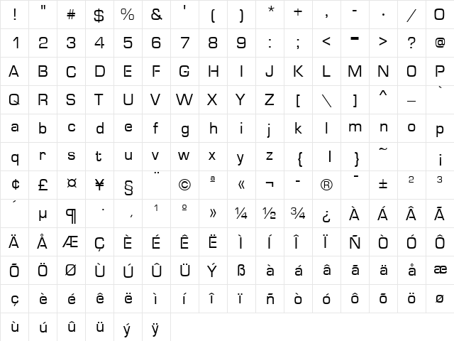 Micro Regular  glyph index