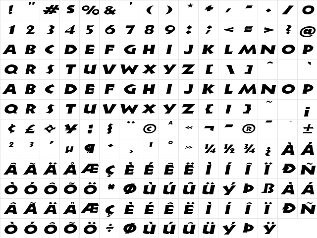 ZorbaExtended Italic  glyph index