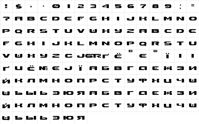 Pioneer Bold  glyph index