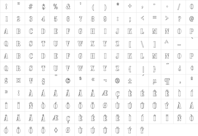 Rudy Hollow Thin Regular  glyph index