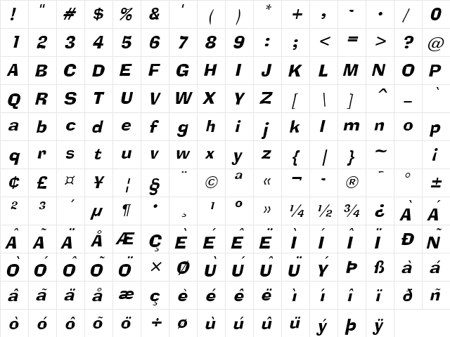 Alor Narrow Italic  glyph index