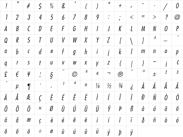 Futura LT Condensed Light Oblique  glyph index
