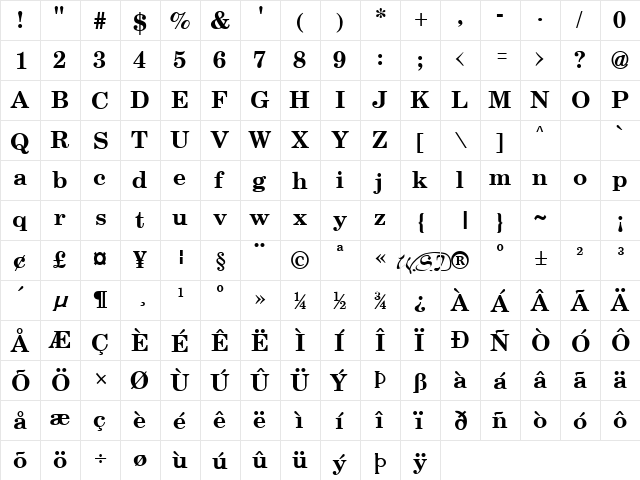 Schoolbook Bold  glyph index