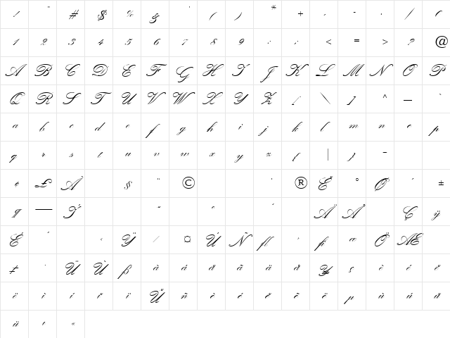 KuenstlerScriptTwoBold Regular  glyph index