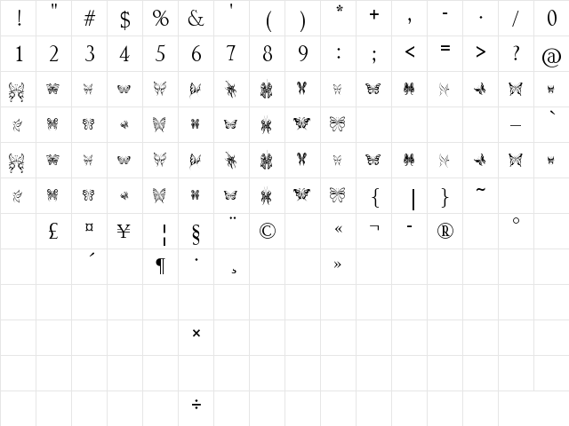 butterfly dingbats Regular  glyph index
