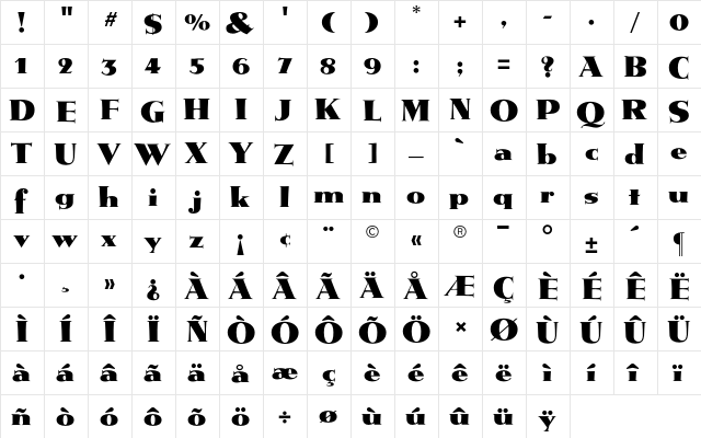 Metropolis CG Regular  glyph index