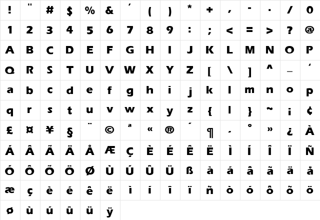 Freeda  Bold Bold  glyph index