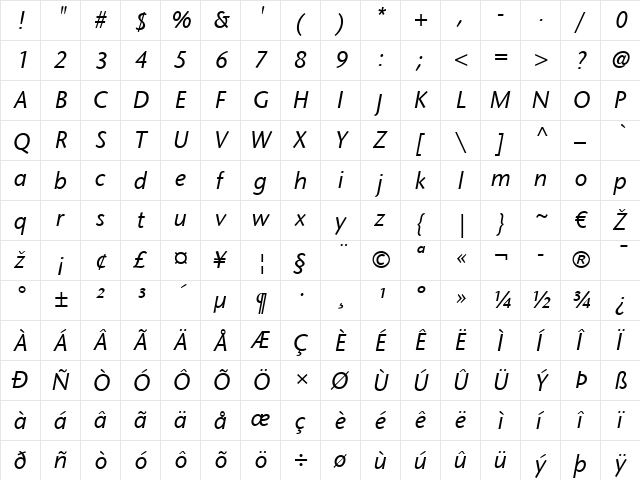 StoneSans LT Italic  glyph index