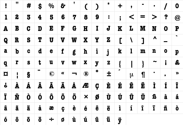 AmericanTypewriterCondensedBQ Regular  glyph index