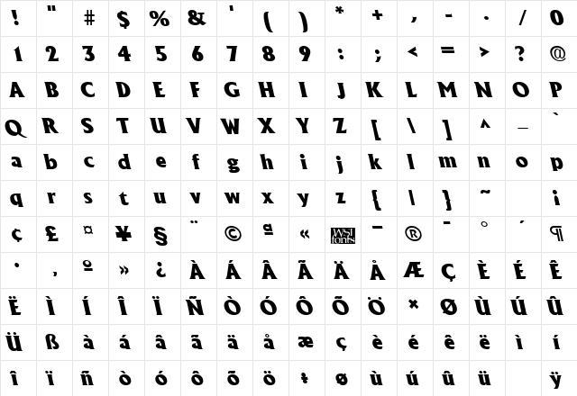 AlbertaBackslantHeavy Regular  glyph index