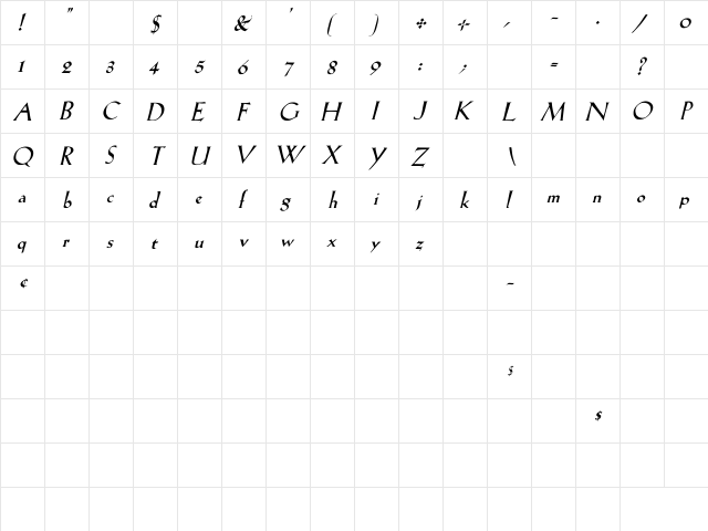 Lilith HeavyItalic  glyph index