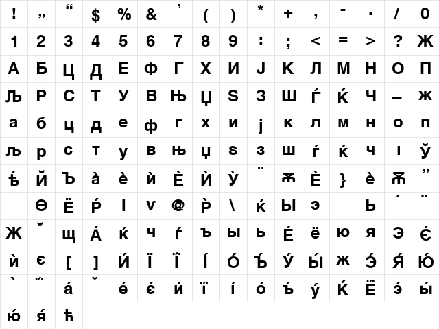 Pulshelvetika7 Bold  glyph index