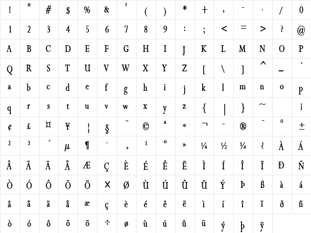 Rapid Thin Bold  glyph index
