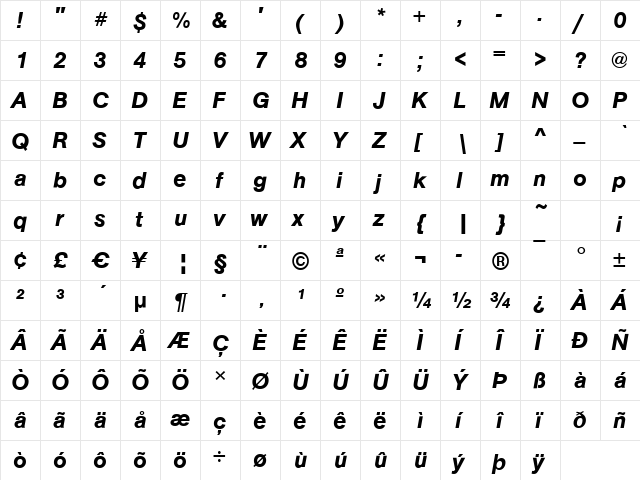 Arezzo DemiItalic  glyph index