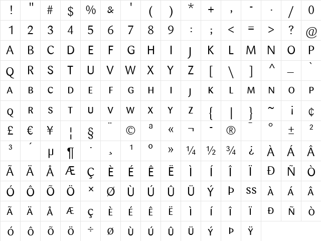 Sari Regular  glyph index