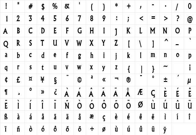 Flair Thin Bold  glyph index