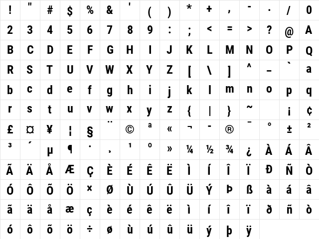 Roboto Condensed Bold  glyph index
