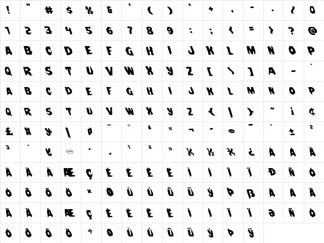 Nightchilde Leftalic Italic  glyph index