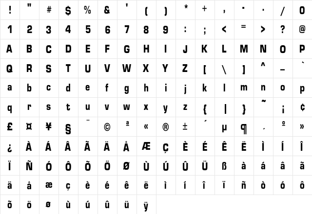Eurostile-Black Cn Regular  glyph index
