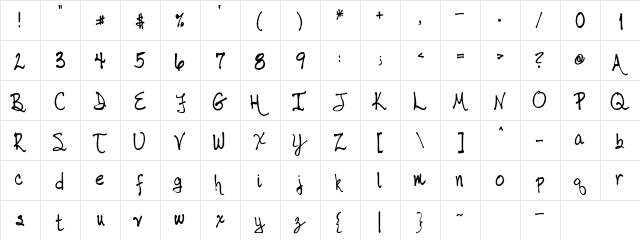 tabor handwriting Regular  glyph index