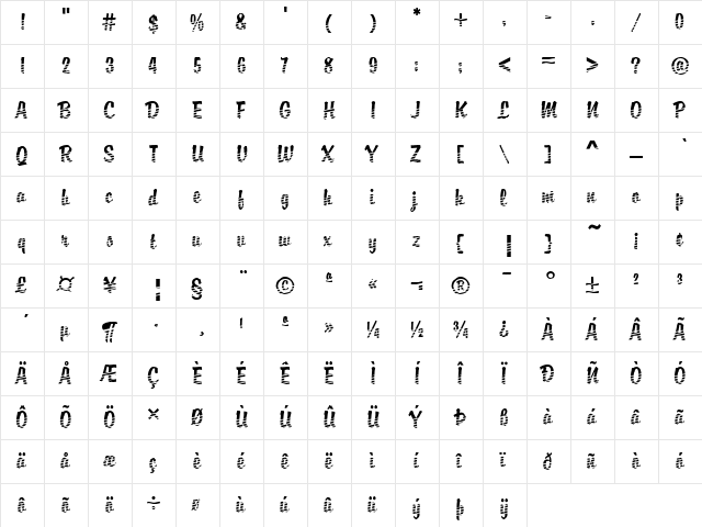 DTC Brody M21 Regular  glyph index