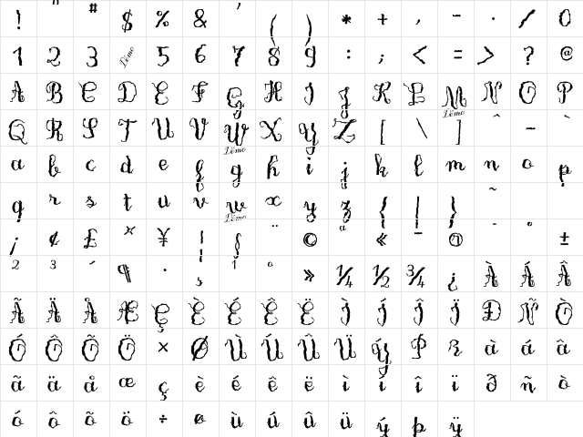 OnlyOneDollarDemo Bold  glyph index