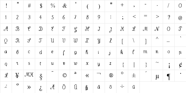 Wenceslas Regular  glyph index