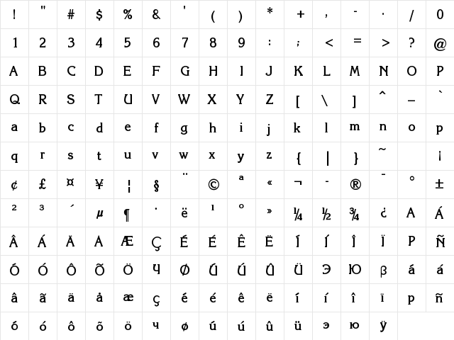 Karina1 Regular  glyph index