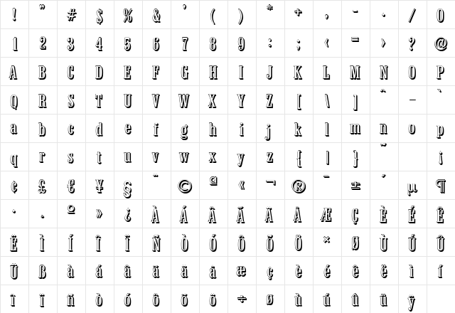 ColonelShadow Regular  glyph index