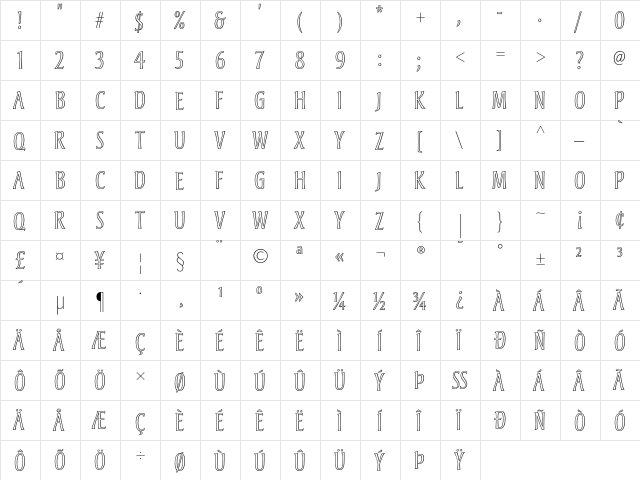 Andreas Regular  glyph index