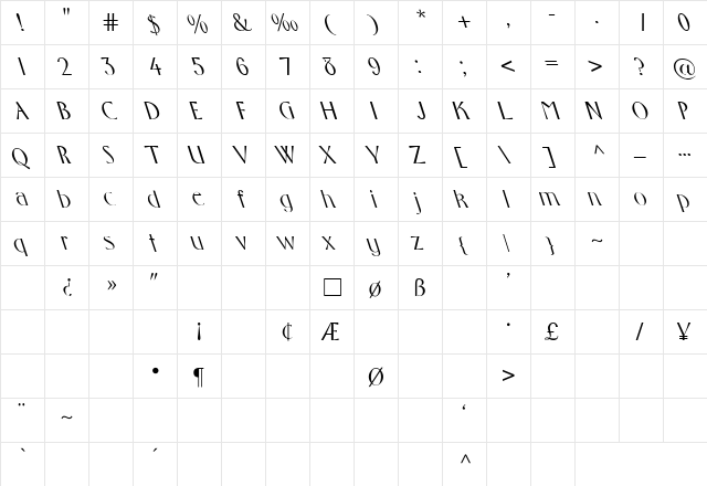 Middleton-Lefty Regular  glyph index