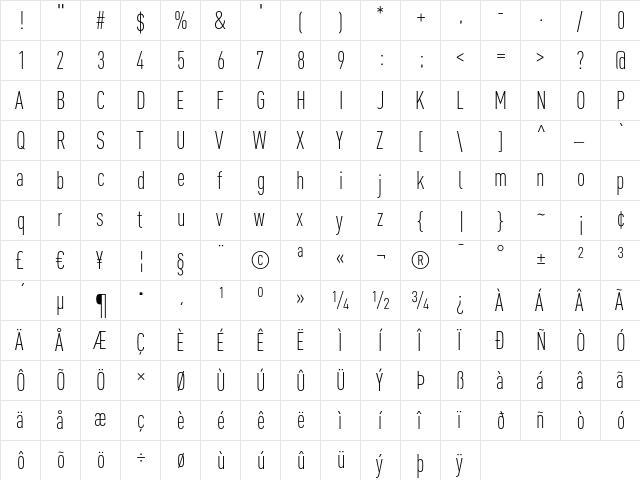 DINCond-Light Regular  glyph index
