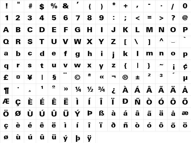 USABlack Regular  glyph index