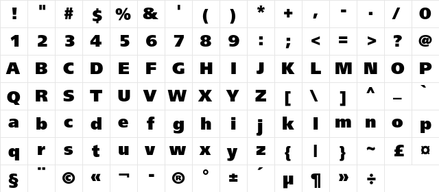 FreeSetExtraBoldC Regular  glyph index