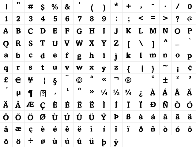 SlabStick Bold  glyph index