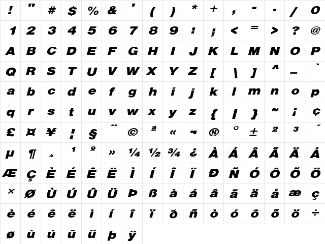 HelveticaExtObl-Heavy Regular  glyph index