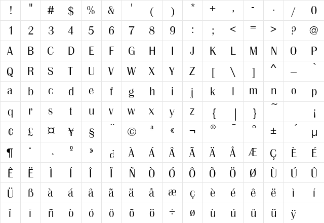 BritannicEFLight Regular  glyph index