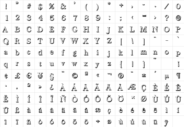 BaskervilleShadow Regular  glyph index