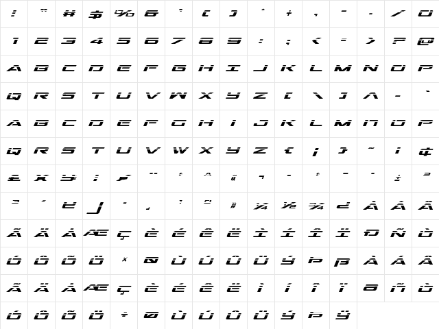 Outrider Laser Italic Italic  glyph index
