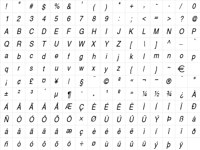 AlpsCondensed Italic  glyph index