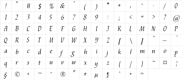 NataliScriptC Regular  glyph index